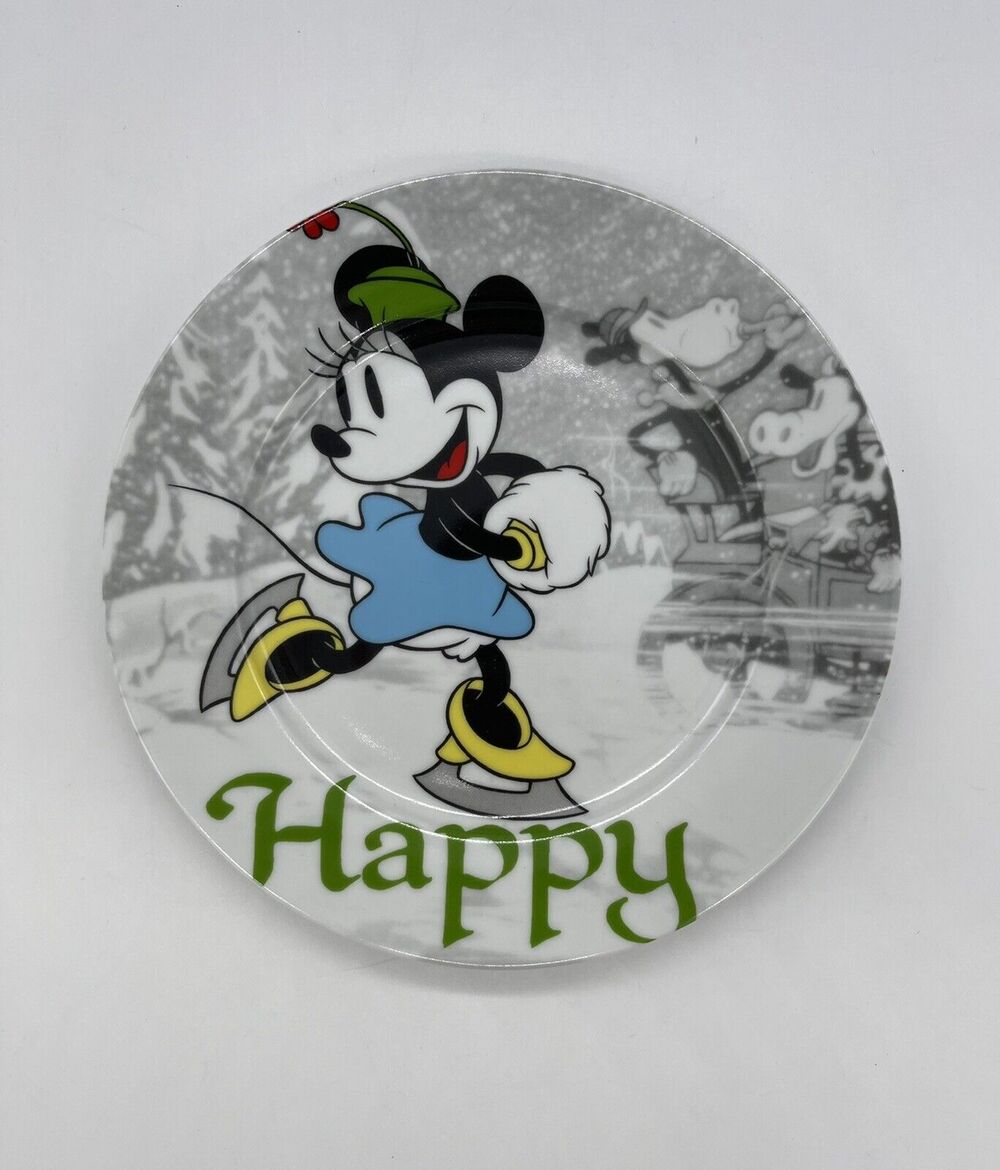 Disney Mickey’s Vintage Holiday Minnie Mouse Ice Skating Happy Salad Plate 8”